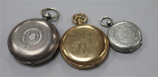 Two silver pocket watches and one gold plated Waltham hunter.